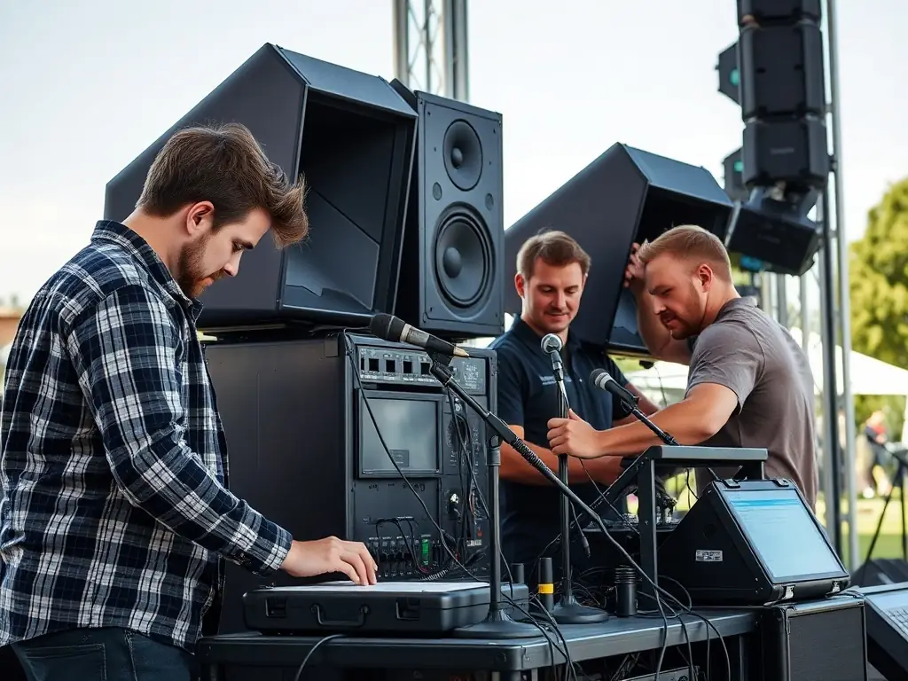 A behind-the-scenes image of VOGUENT LES MOUETTES IN OLERON's technical team setting up professional sound and lighting equipment for a local event, highlighting their expertise and dedication.
