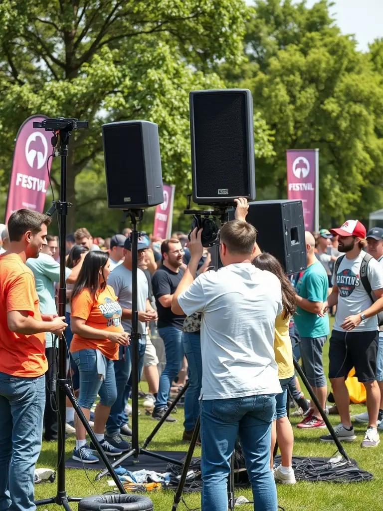 A photo of volunteers setting up equipment for a local festival, showcasing the organization's commitment to supporting community events.