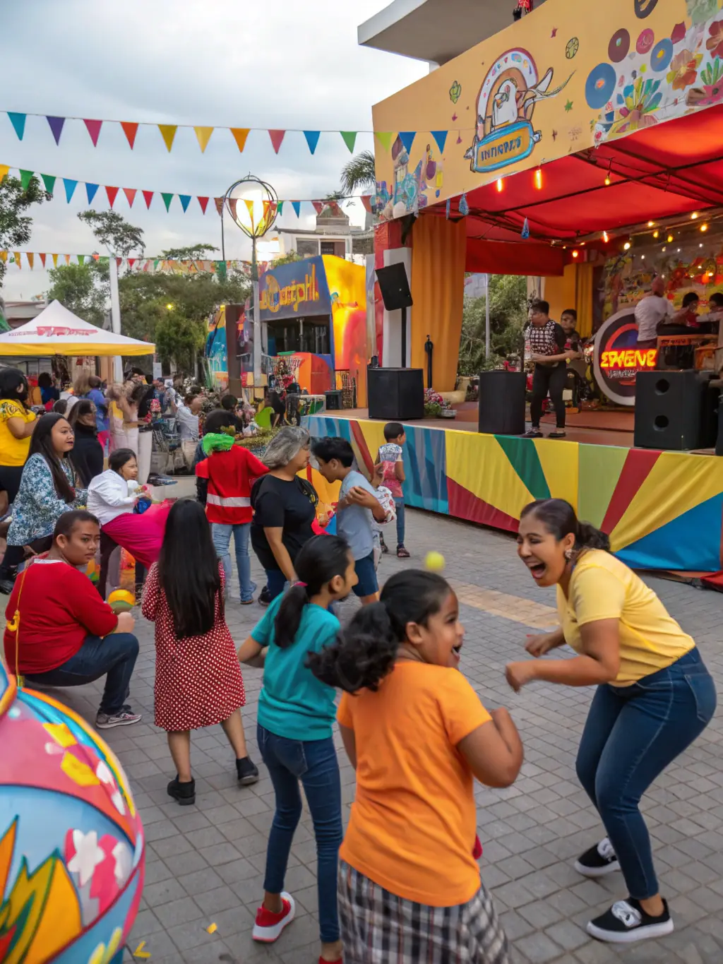 A lively scene from a community festival organized by VOGUENT LES MOUETTES IN OLERON, featuring food stalls, art displays, and live music performances.
