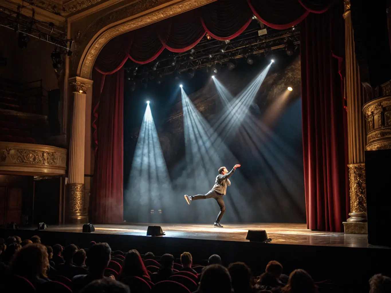 A photo of a beautifully lit stage during a theatrical performance, highlighting the professional lighting and sound provided by VOGUENT LES MOUETTES IN OLERON.