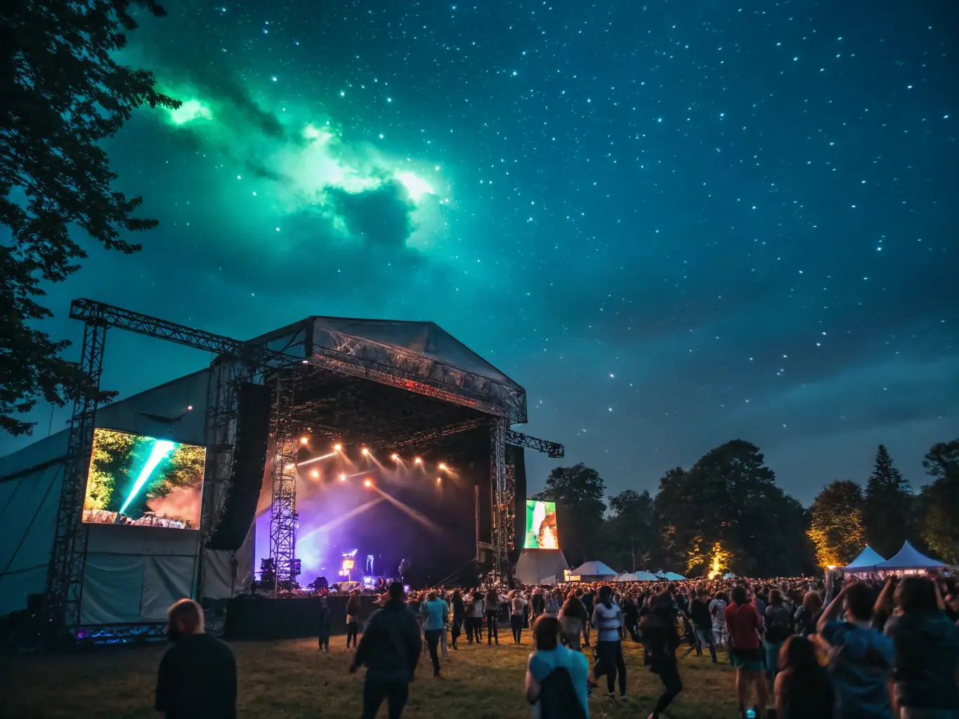 A dynamic image showcasing a community music festival organized by VOGUENT LES MOUETTES IN OLERON, featuring diverse performers and enthusiastic attendees.
