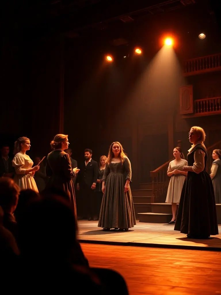 A dynamic image of a local theater performance supported by VOGUENT LES MOUETTES IN OLERON, showcasing actors on stage with professional lighting and sound.