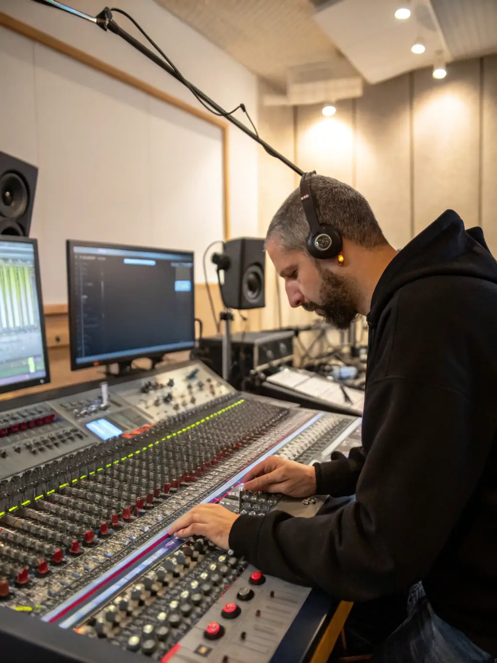 A photo of a sound engineer working diligently at a mixing console during an event organized by VOGUENT LES MOUETTES IN OLERON.