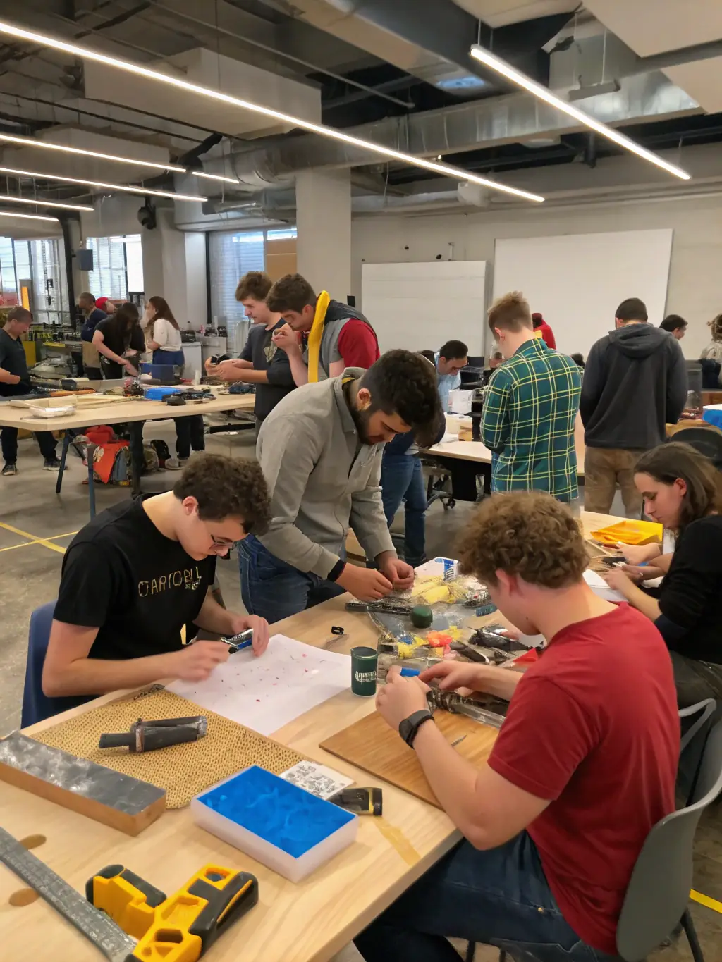 A group of young people participating in a skills transmission workshop, learning about sound and lighting techniques from experienced professionals.