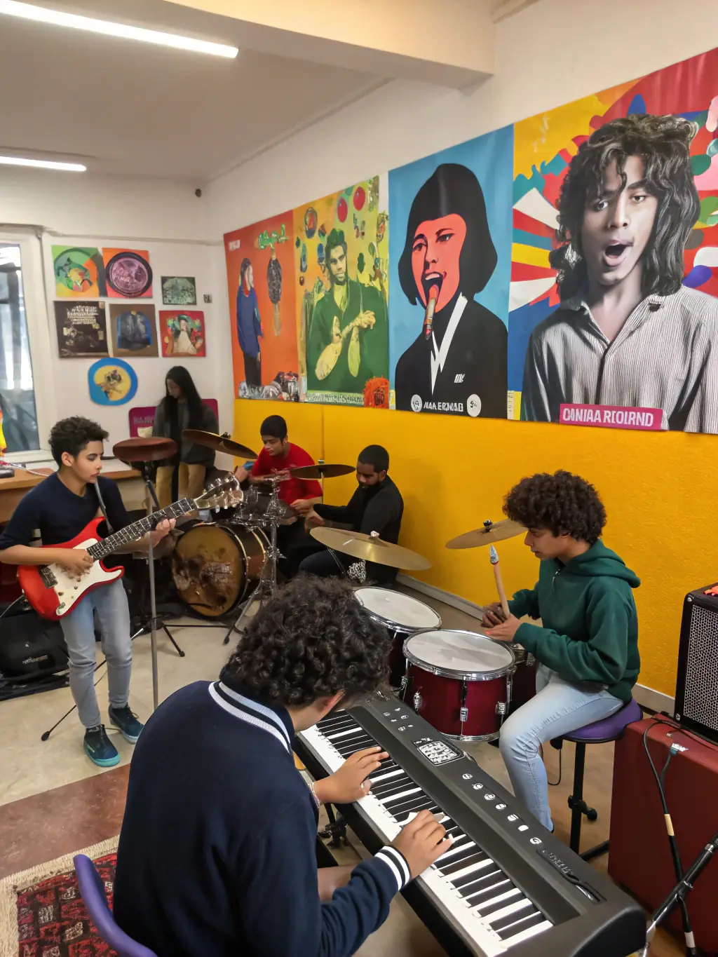 A vibrant photo capturing a community music workshop organized by VOGUENT LES MOUETTES IN OLERON, showing participants of all ages learning to play instruments together.