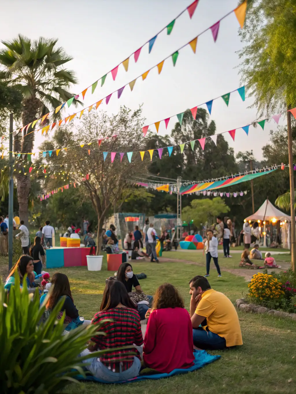 A vibrant photo of a community event organized by VOGUENT LES MOUETTES IN OLERON, showcasing people of all ages enjoying live music and food stalls at sunset.