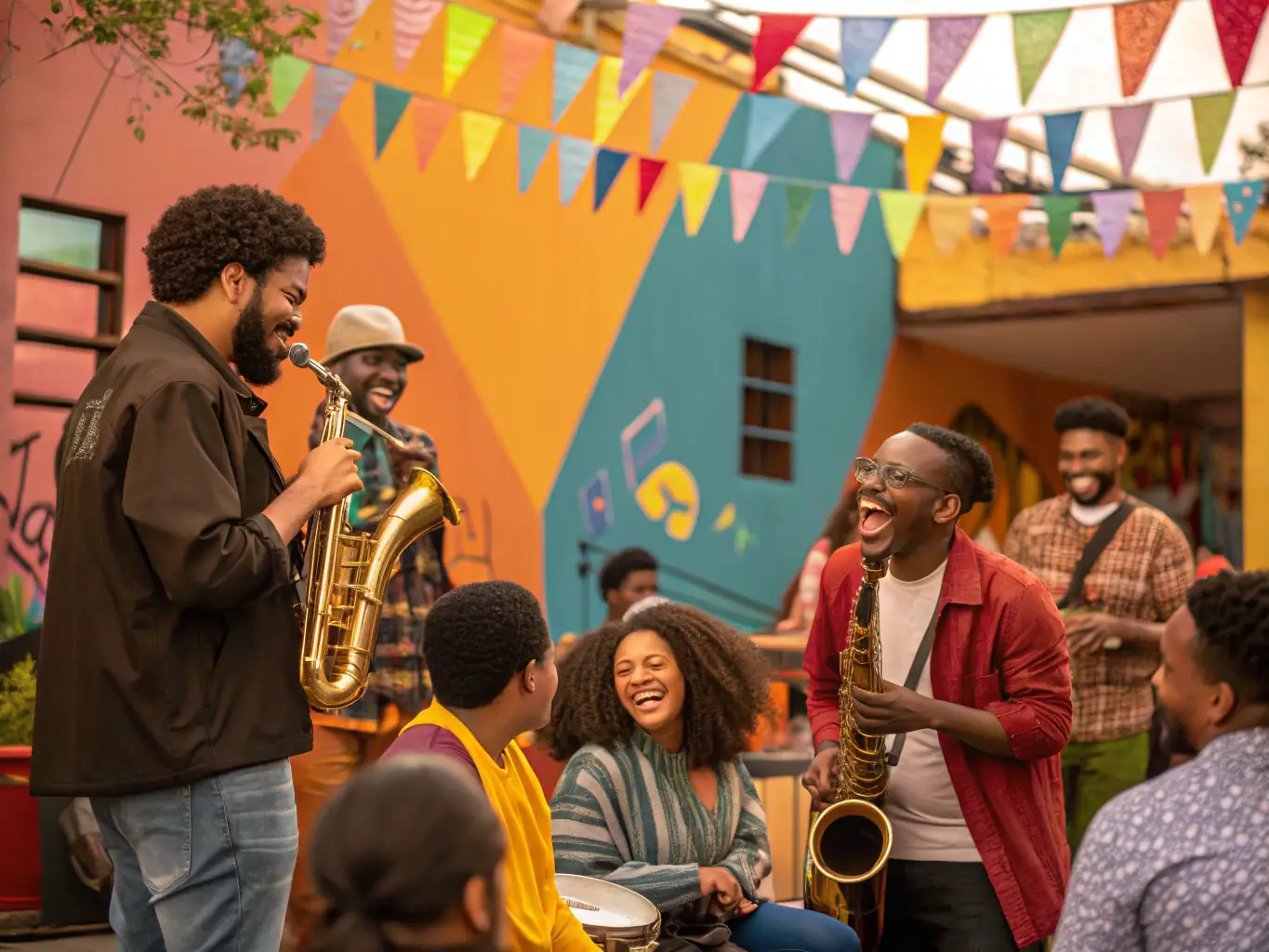 A vibrant image depicting a community event organized by VOGUENT LES MOUETTES IN OLERON, showcasing people enjoying music and performances under colorful lighting.