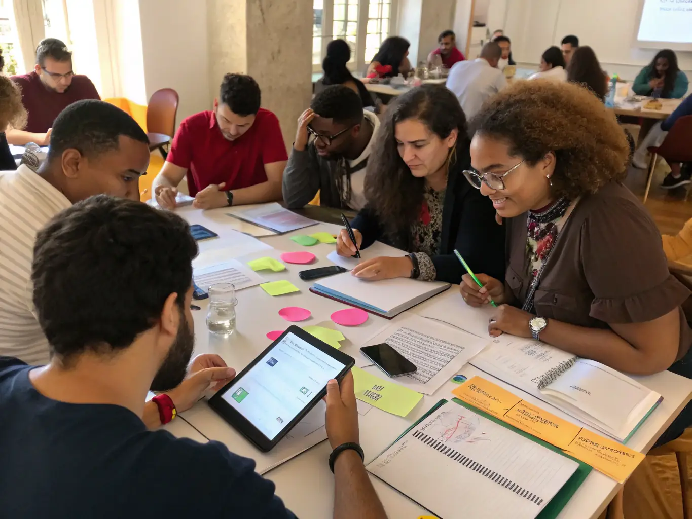 A group of people participating in a skills transmission workshop organized by VOGUENT LES MOUETTES IN OLERON, focusing on event management and technical skills.